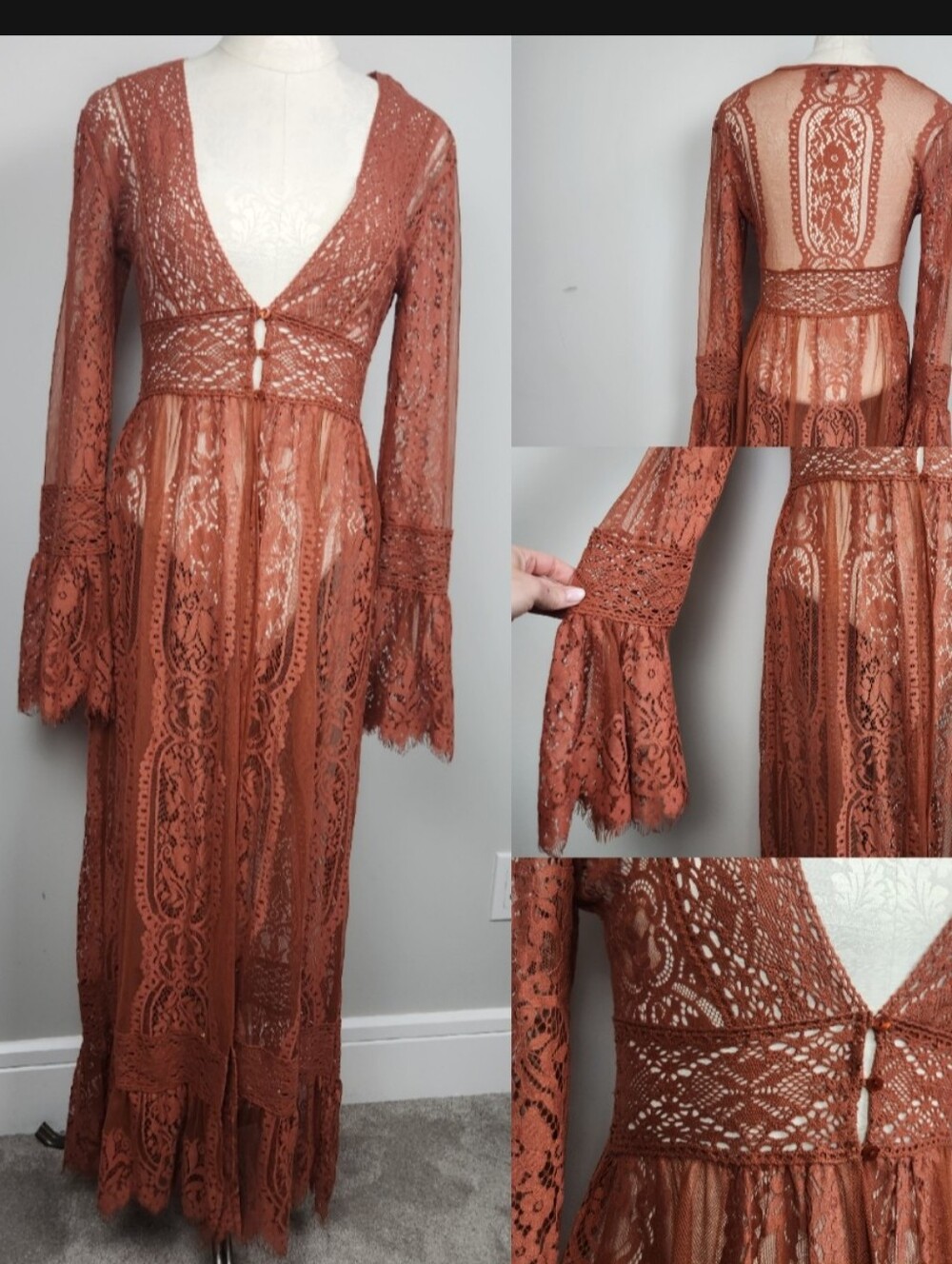 Y2K Lace Maxi Cardigan Dress Top Bell Sleeves Size Small Stampede Western Rodeo